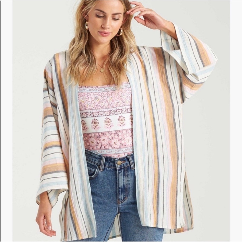 Billabong Striped Beach Kimono in Light Blue, Cream & Tan Sz M/L